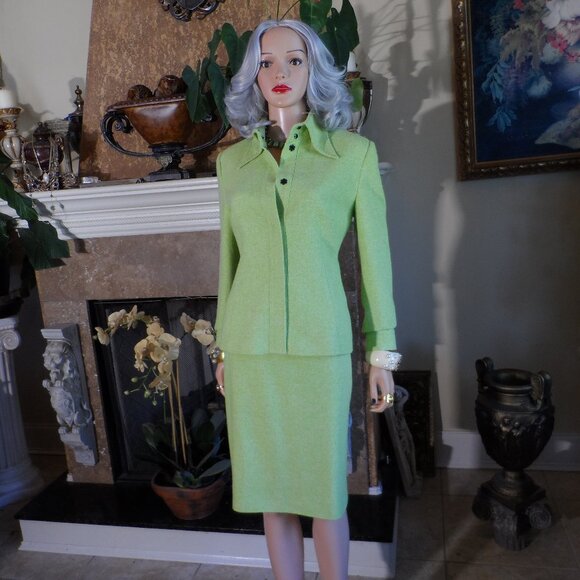 Dolce&Gabbana Light Green Tweed Textured 100% Silk Skirt Suit Size IT 46 - US 10 - Picture 1 of 16